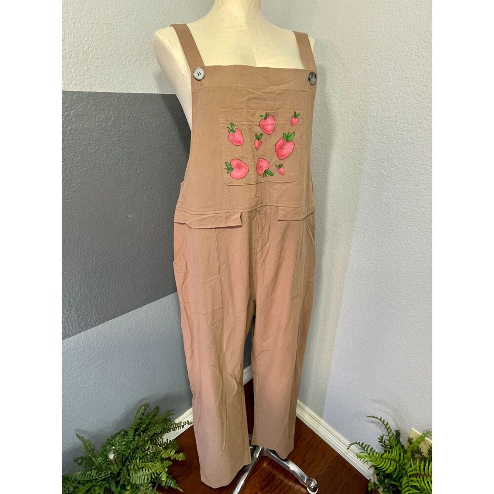 Strawberry Print Crinkle Overalls Medium Tan Cottagecore Boho Jumpsuit Garden
